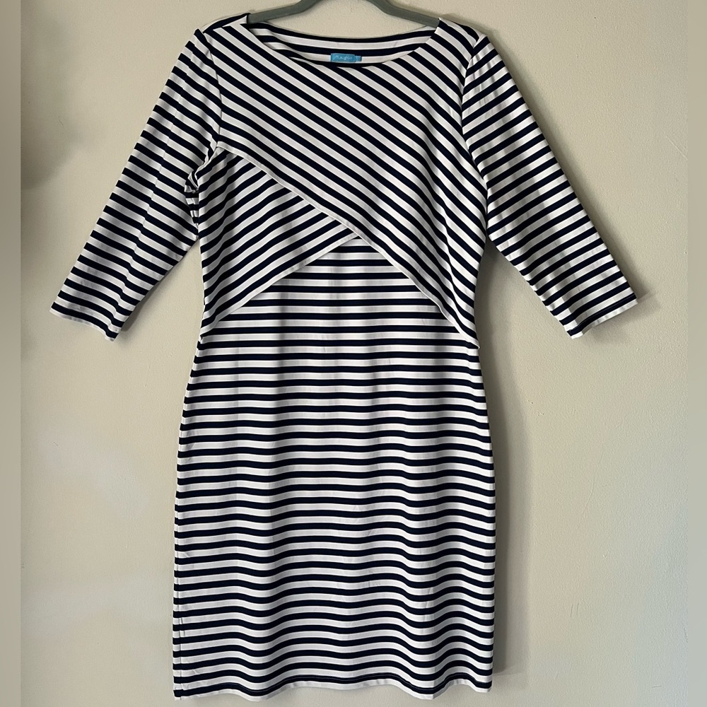 J McLaughlin Drea Dress Boat Neck Layered Blazer Stripe Sheath Catalina Cloth L